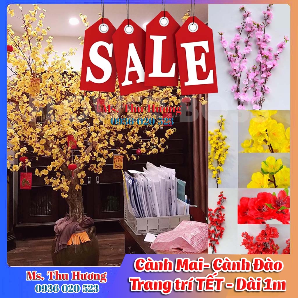 🌸 10 CÀNH HOA ĐÀO, HOA MAI GIẢ - TRANG TRÍ NGÀY TẾT - LOẠI ĐẸP 5 NHÁNH CAO 1M 🌸