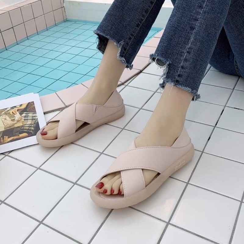 Sandal nữ quai chéo chất da PU đế dẻo chống trơn trượt kiểu dáng thời trang