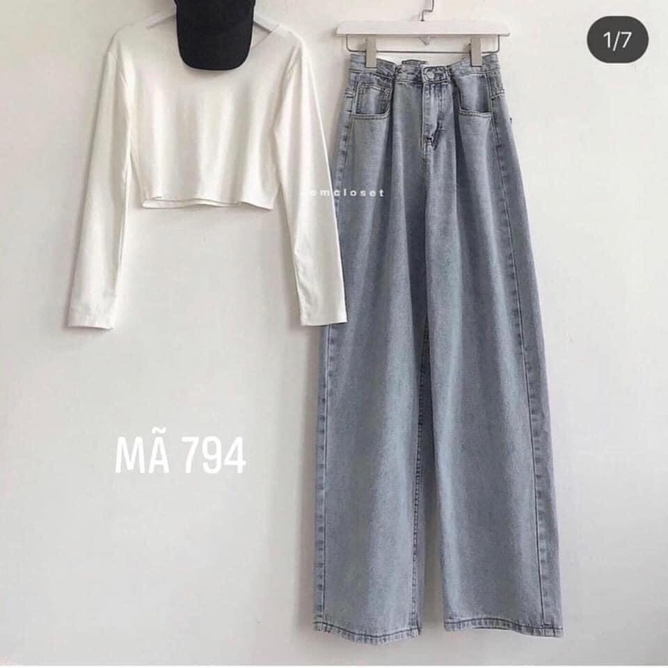 Quần bò ống suông cạp cao cài khuy nữ - Culottes jean dáng rộng thiết kế basic, trẻ trung, năng động style Ulzzang