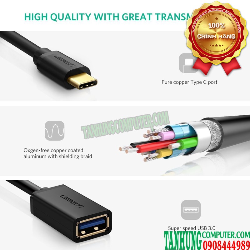 Cáp OTG USB C to USB 3.0 Cao Cấp Ugreen 30701 Chính Hãng (màu đen)