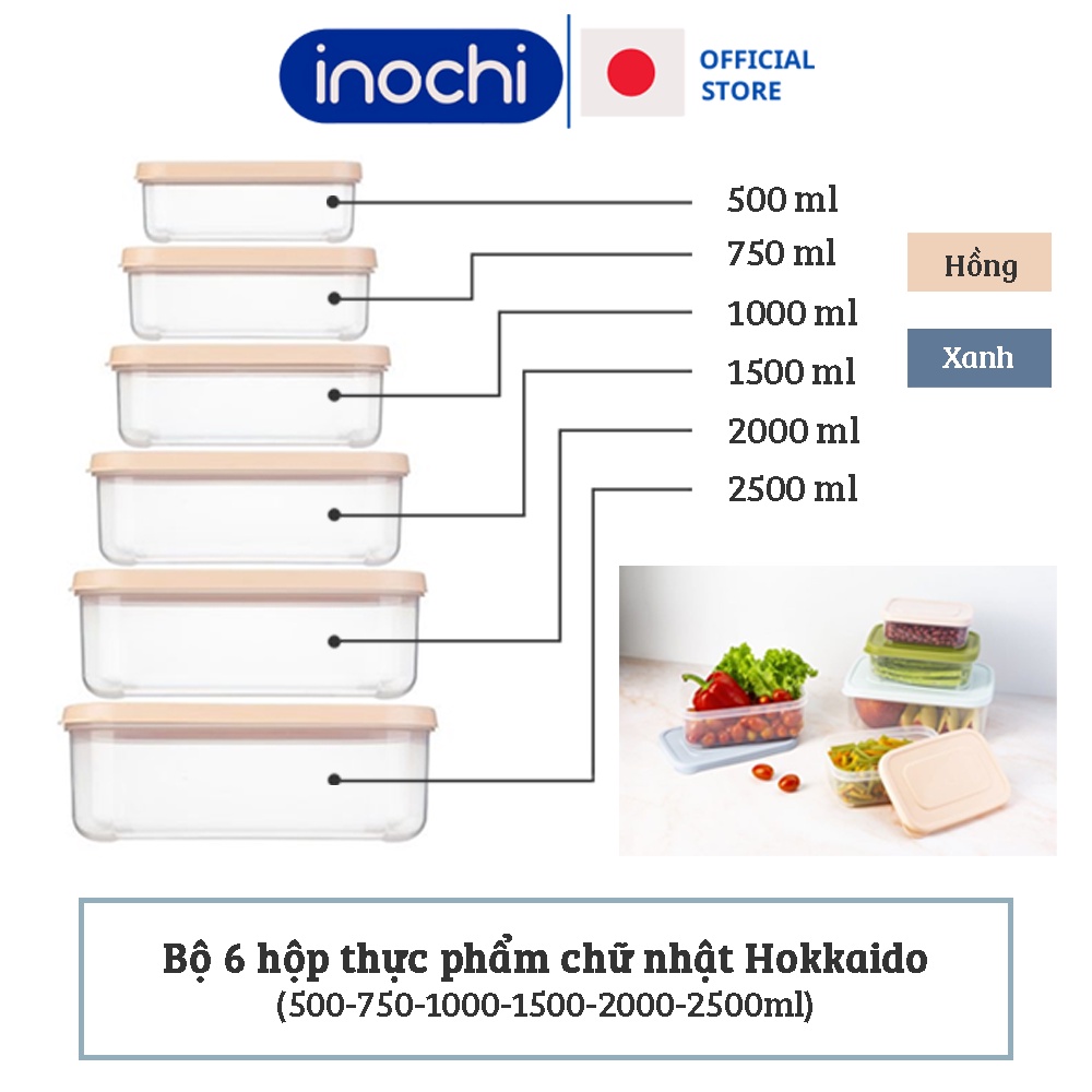 Bộ 6 hộp nhựa đựng thực phẩm đủ size chịu nhiệu hokkaido inochi 500ml tới 2500ml