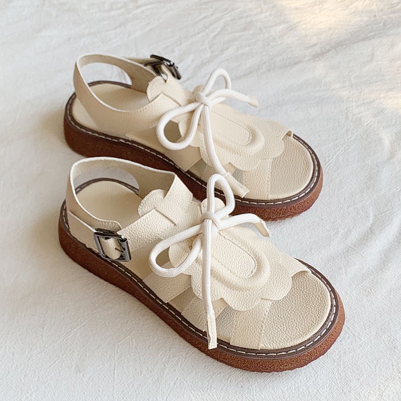 Giày Sandal Đế Dày Mũi Tròn Hở Ngón Dễ Thương Phong Cách Retro Mùa Hè