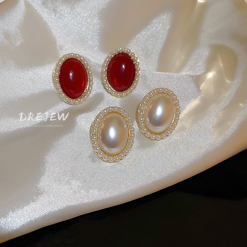 DREJEW Bông Tai Mạ Bạc Hình Oval Đính Ngọc Trai Thời Trang Cao Cấp