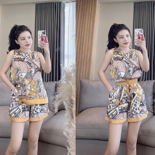 Set bộ ZARA xuất xịn lụa satin sát nách quần short lưng thun hoạ tiết vàng