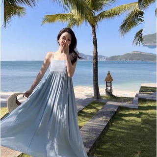 Đầm đi nghỉ mát bên bờ biển 2 dây eo cao dáng dài màu xanh siêu cổ tích dành cho nữ PinkLink