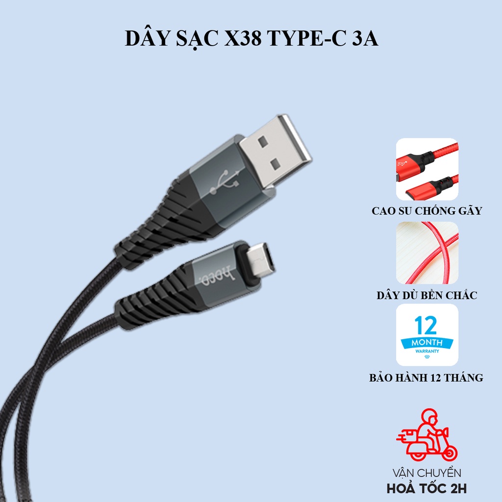 Dây sạc android Hoco X38 Micro-USB 2.4A bọc dù chống gãy gập dành cho Samsung, Oppo, Huawei, Realme... dài 1 mét