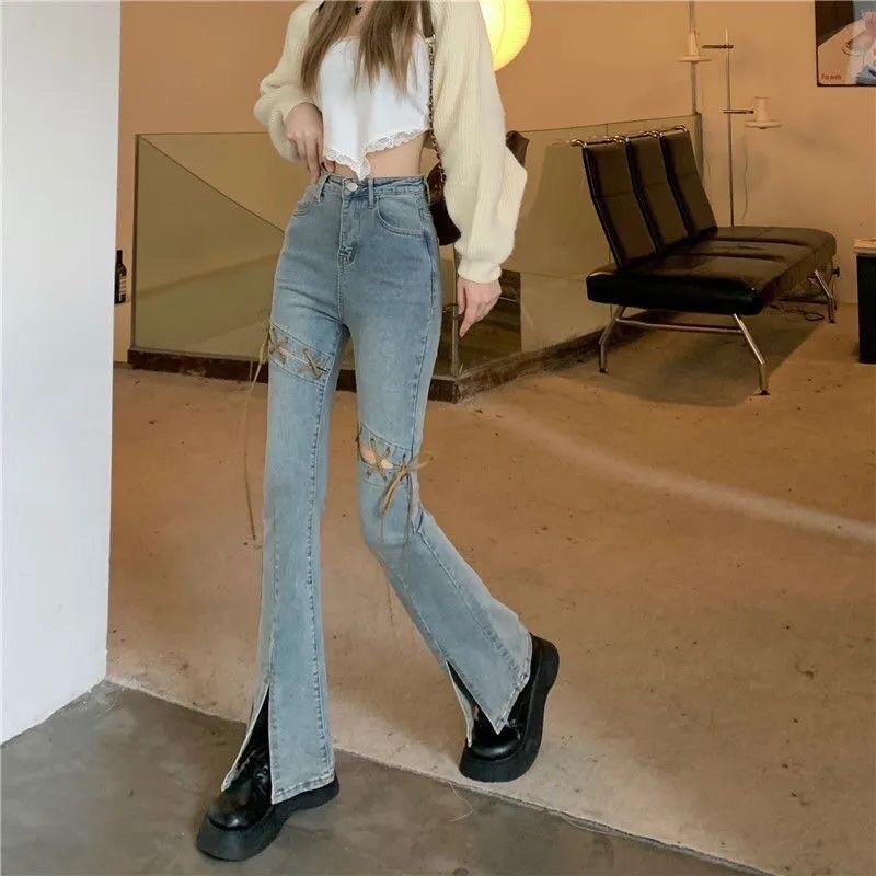 Quần jeans ống loe xẻ tà lưng cao phối dây thắt phong cách retro