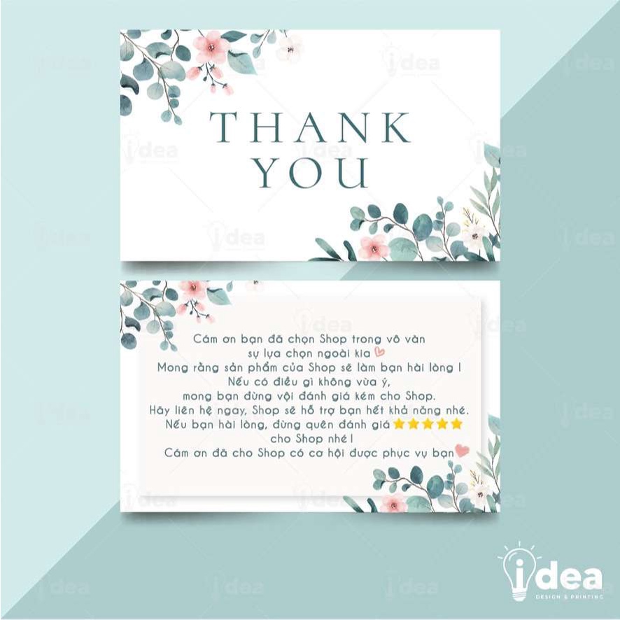 Card Cám Ơn, Card Thank You, Thiệp Cảm Ơn - Size 9x5,4cm - Giấy C300 Cán Màng Mờ 2 Mặt Họa Tiết Hoa Lá