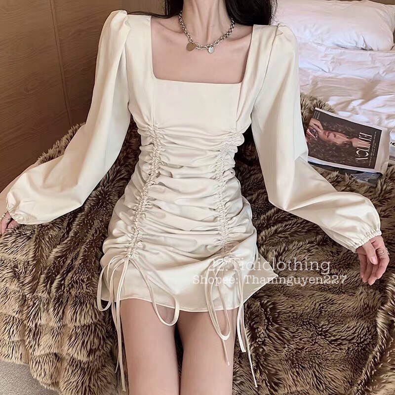 Đầm body phối dây rút ôm tôn dáng style Ulzzang, chất đẹp, tay dài bo thun co giãn tốt có Bigsize