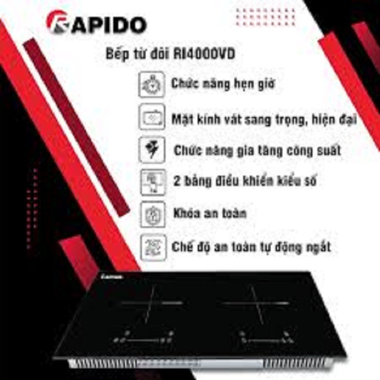 Bếp từ đôi Rapido RI4000VD mặt kính vắt sang trọng và hiện đại - BẾP ÂM - CÔNG SUẤT 4300W - BẢO HÀNH 02 NĂM TOÀN QUỐC