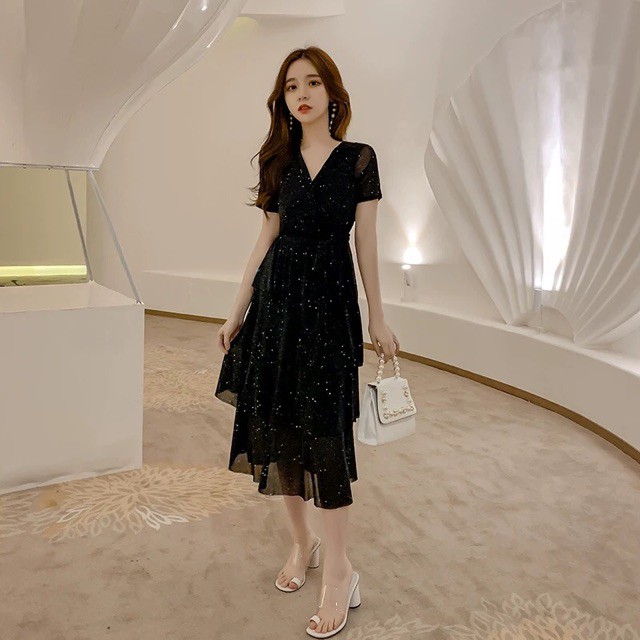 {Order bigsize,L-4xl}Váy cổ đáp chéo co dãn xoè tầng | BigBuy360 - bigbuy360.vn