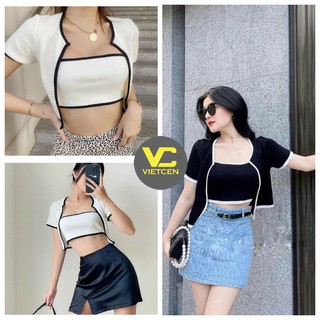 Set áo croptop tay ngắn kèm áo quây ngực nữ chạy viền chất thun mềm mát - VIETCEN