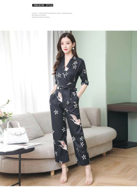 Hàng nhập - Jumpsuit dài xô lụa in chim hạc
