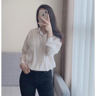 Áo sơ mi lụa màu trắng cổ đức_ áo Gu dài tay A03