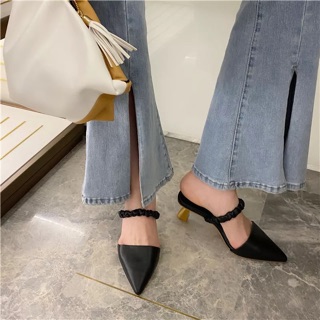 Giày cao gót Slingback mũi nhọn quai hậu thun nhún gót mạ vàng đồng có bigsize 40 41 42 cho nàng ngoại cỡ - Toffly Shoes