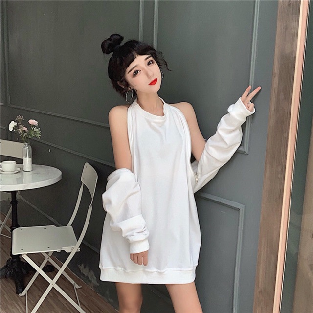 Áo phông dáng dài tay kéo khoá phong cách Harajuku thu đông
