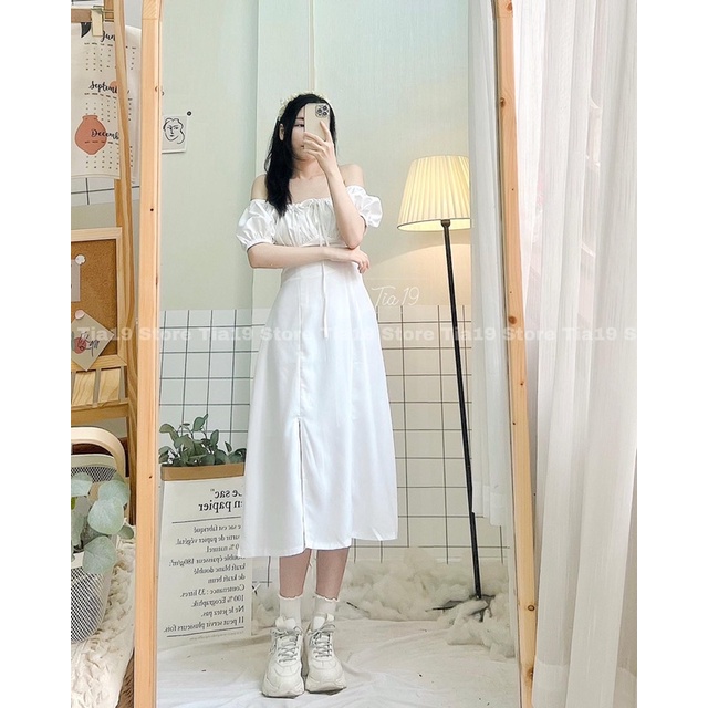 Váy trắng cutout dáng dài Tia19. Đầm trắng tiểu thư cổ yếm trễ vai | BigBuy360 - bigbuy360.vn