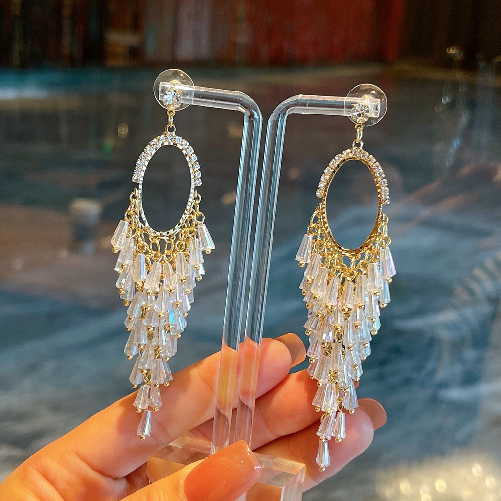 Đôi Khuyên Tai Dài Tua Rua Đính Đá Thời Trang Cho Nữ