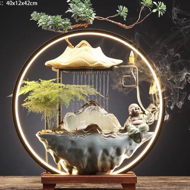 Thác nước hương trầm Phật Di Lặc, Hạc, Hươu xanh đem lại tài lộc may mắn 42*40*12cm
