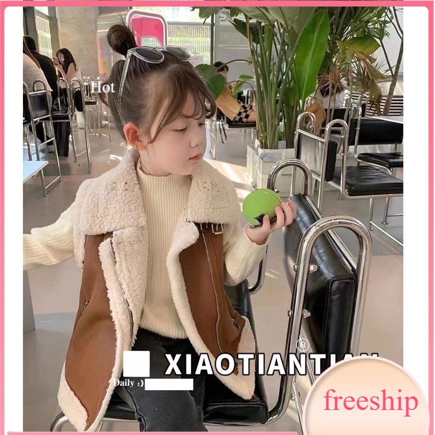 Áo lông cho bé 2-7 tuổi lót lông cừu kéo khóa. Áo gile da lộn bé gái kiểu dáng khỏe khoắn thời trang