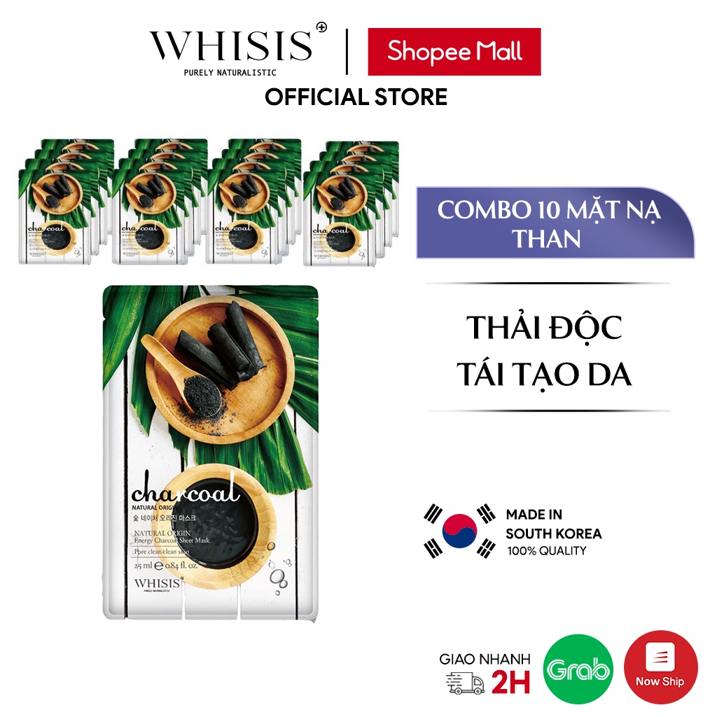 Combo 10 Mặt Nạ Than Hoạt Tính WHISIS Nature Origin Energy Charcoal Sheet Mask Làm Sạch Sâu, Cấp Ẩm Cho Da 25ml/miếng