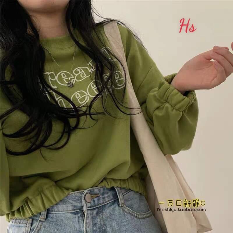 Áo croptop nỉ dài tay dáng thụng grean màu xanh in chữ cá tính, có ảnh và video thật, size s-xl