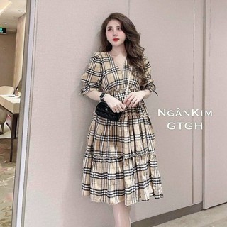 Váy bầu đẹp - Đầm bầu suông-Váy bầu thời trang thiết kế kẻ bubery freesize từ 45 đến 70kg