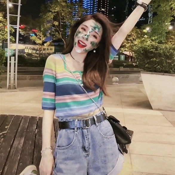 COZOK Áo Thun Dệt Kim Ngắn Tay Cổ Vuông Họa Tiết Sọc Cầu Vồng Cá Tính