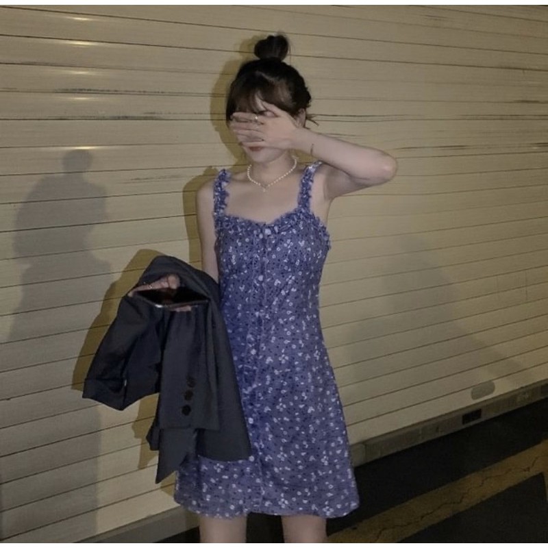 Đầm minidress hoa nhí xanh tím