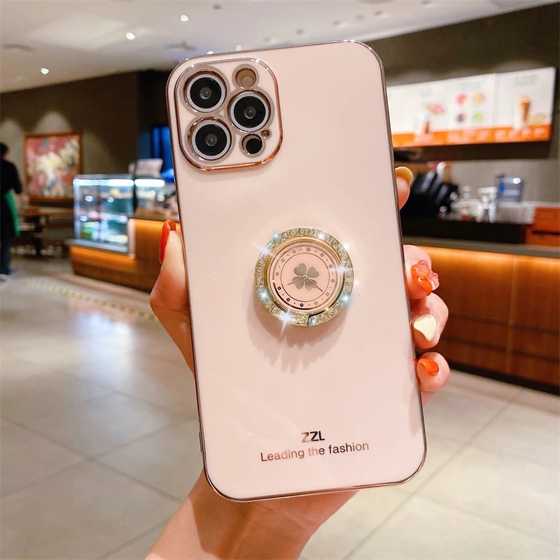 Ốp Điện Thoại TPU Mềm Mạ Điện Họa Tiết Cỏ Bốn Lá Có Giá Đỡ Cho iPhone 14 13 12 11 Pro Max XS Max XR X