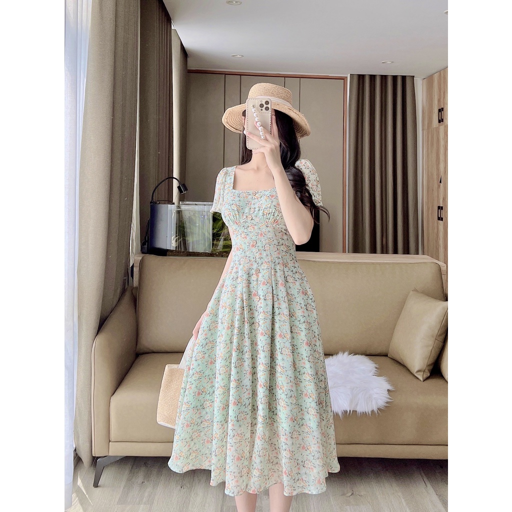 D138 VÁY CỔ VUÔNG HOA XANH