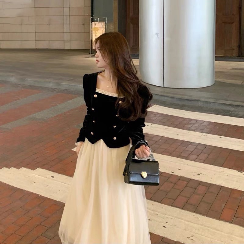 [ S263] Set Áo Nhung Tiểu Thư Mix Chân Váy Voan Tơ Siêu Xinh Có Ảnh Thật Kèm Video