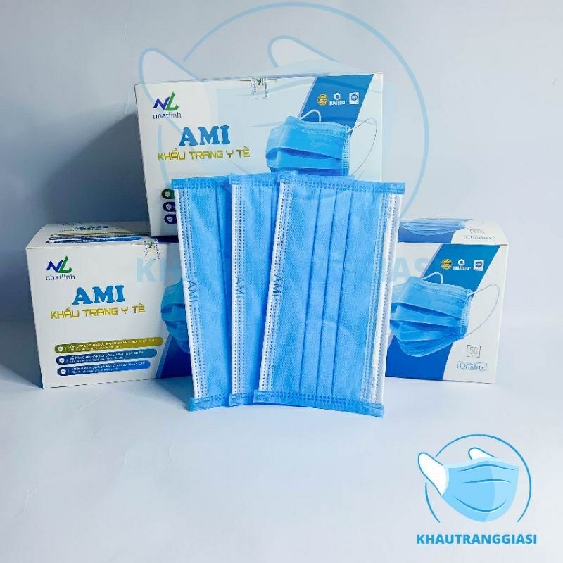 Khẩu trang y tế 4 lớp giấy kháng khuẩn Ami màu xanh hộp 50 chiếc