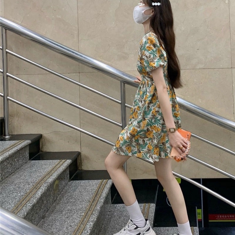 Đầm Hoa Tay Phồng Ngắn Thời Trang Mùa Hè Pháp Ngọt Ngào Cho Nữ