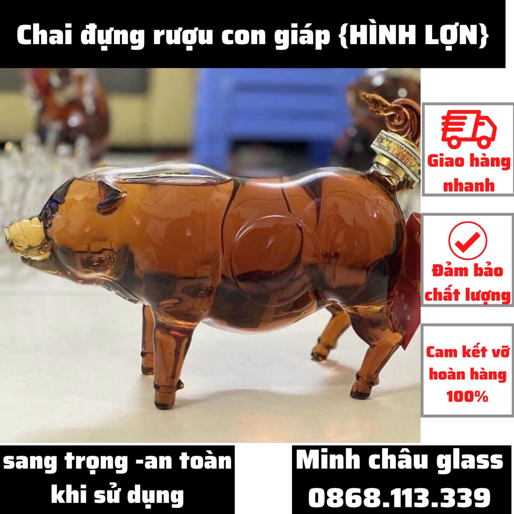 Bình Đựng Rượu 12 Con Giáp mẫu Con Heo con lợn 1000ML Hợi Vỏ chai rượu thủy tinh cao cấp ngâm rượu dùng làm quà tặng