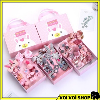 Hộp phụ kiện nơ buộc tóc, kẹp tóc 18 món xinh xắn dễ thương phong cách Hàn Quốc cho bé gái