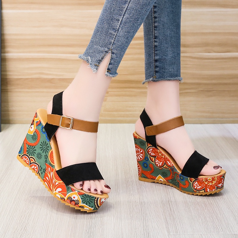 Sandal đế bằng hở ngón tăng chiều cao phong cách Bohemian thời trang đi biển thanh lịch cho nữ