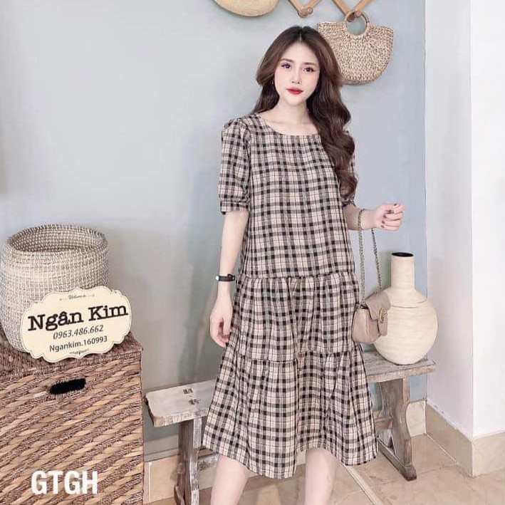 Váy bầu thời trang thiết kế kẻ caro M103 chất Cotton thô freesize từ 45 đến 70kg
