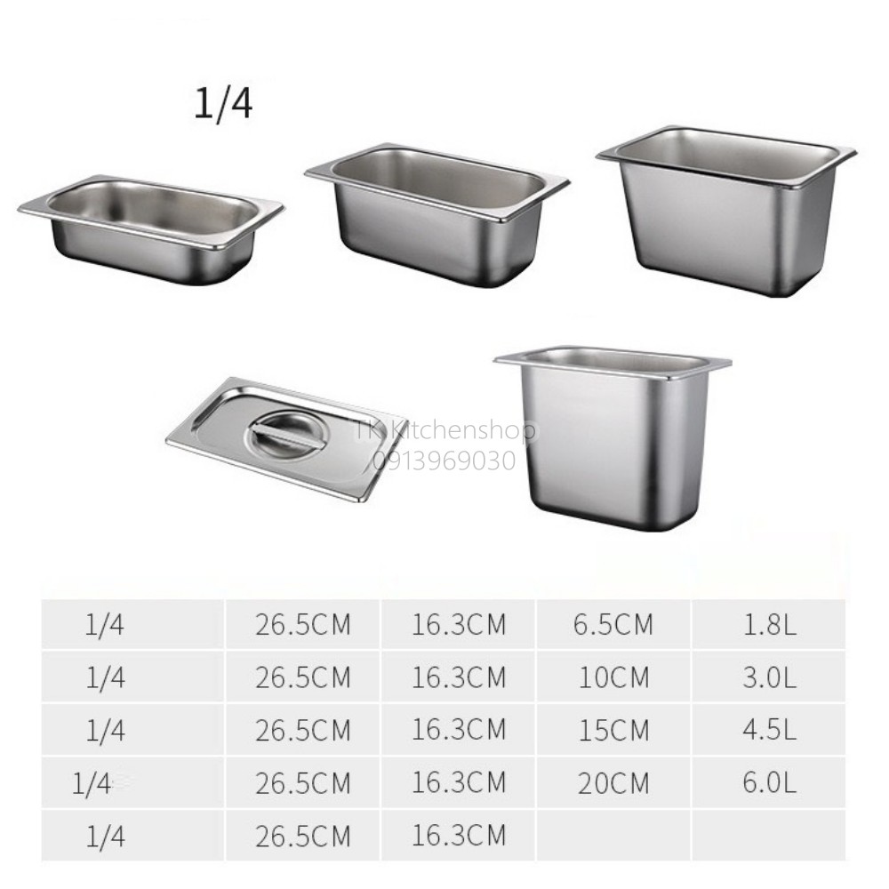 Khay inox GN 1/4 đựng thạch TOPPING/ THỰC PHẨM/ KEM- Không nắp hoặc có nắp 100% inox không nhiễm từ an toàn vs thực phẩm