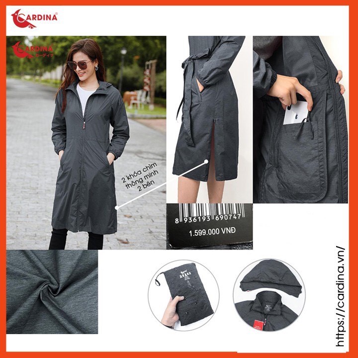Áo Choàng Gió Nữ Vân Xước, Dáng Dài 2 Lớp CARDINA Cao Cấp Siêu Phẩm Cản Gió, Chống Thấm Nước, Kèm Đai Thắt Eo tôn dáng