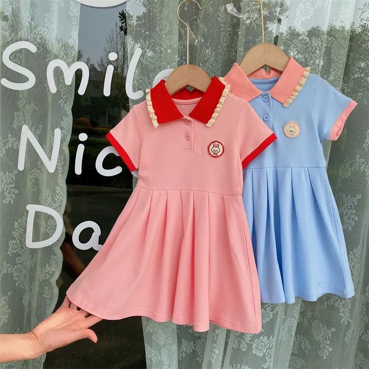 Đầm Công Chúa Tay Ngắn Cổ Bẻ Thêu Họa Tiết Thỏ Hoạt Hình Thời Trang Mùa Hè Cho Bé Gái