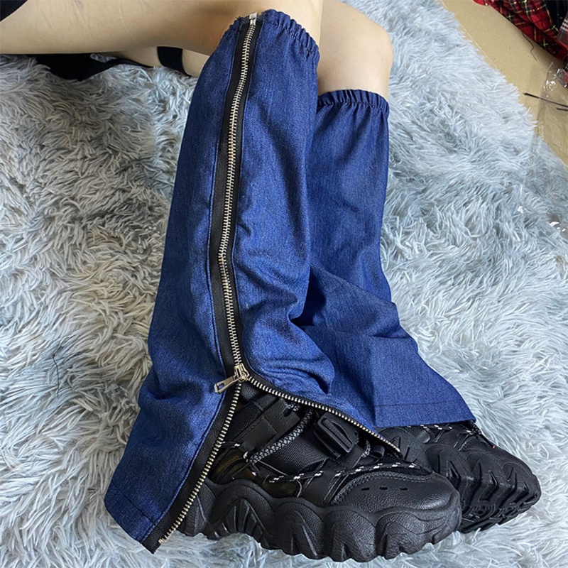 Xiangbao Tất Denim Dài Ngang Bắp Chân Màu Xanh Dương Có Khóa Kéo Bên Phong Cách Harajuku Gothic Punk Nhật Bản Giữ Ấm Mùa Hè
