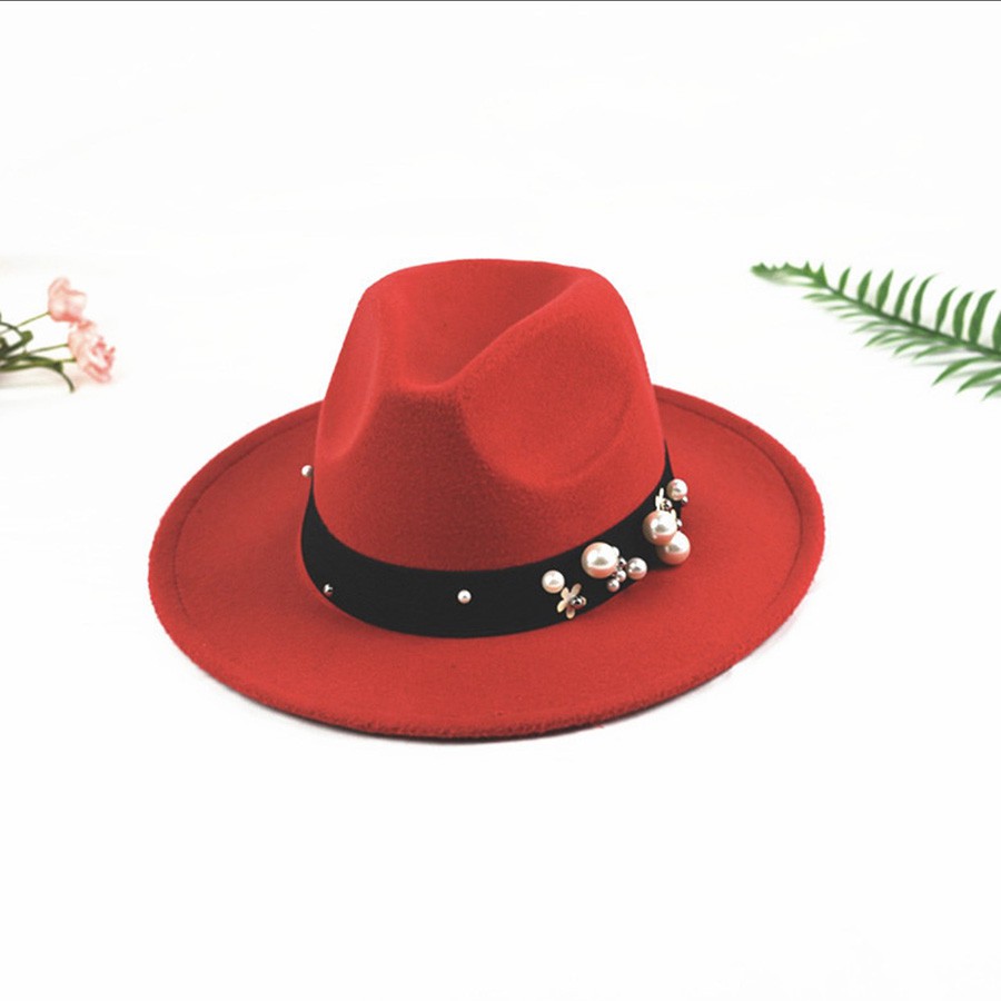 Nón phớt fedora retro vành rộng vải dạ nỉ mũ jazz đính hạt sang trọng dành cho cả nam và nữ hàng cao cấp