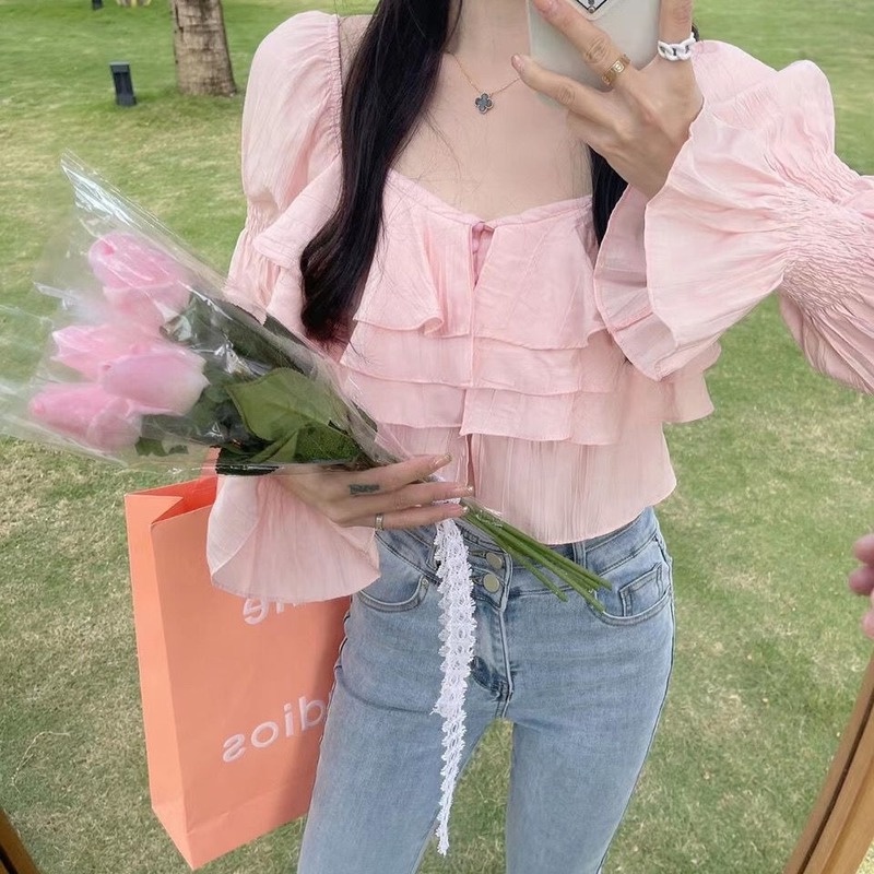 Áo Sơ Mi Chiffon Tay Dài Viền Bèo Màu Xanh Dương Thời Trang Mùa Xuân Cho Nữ