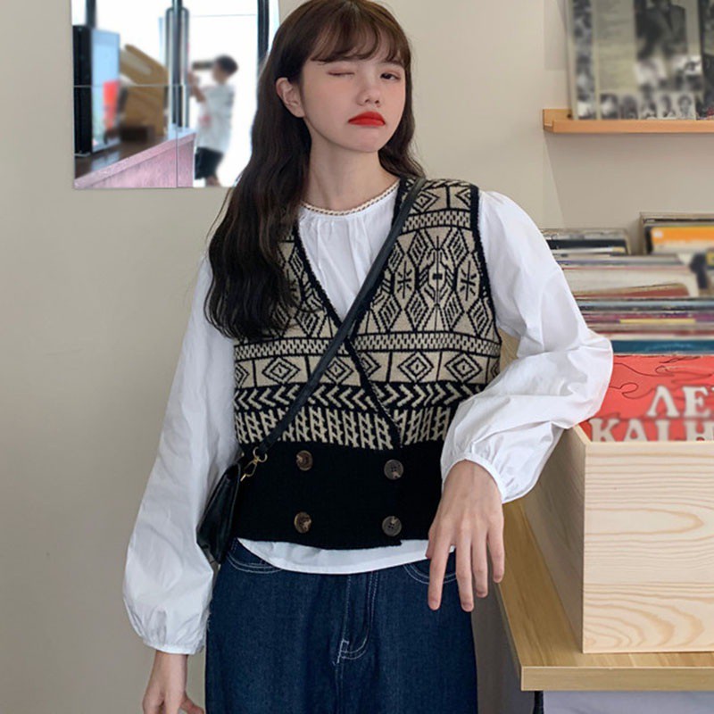 Áo Khoác Cardigan Không Tay Dáng Rộng Cổ Chữ V Cổ Điển Cho Nữ