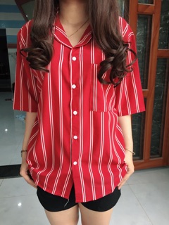 Áo Sơ mi oversize đỏ 2 sọc trắng - tay ngắn