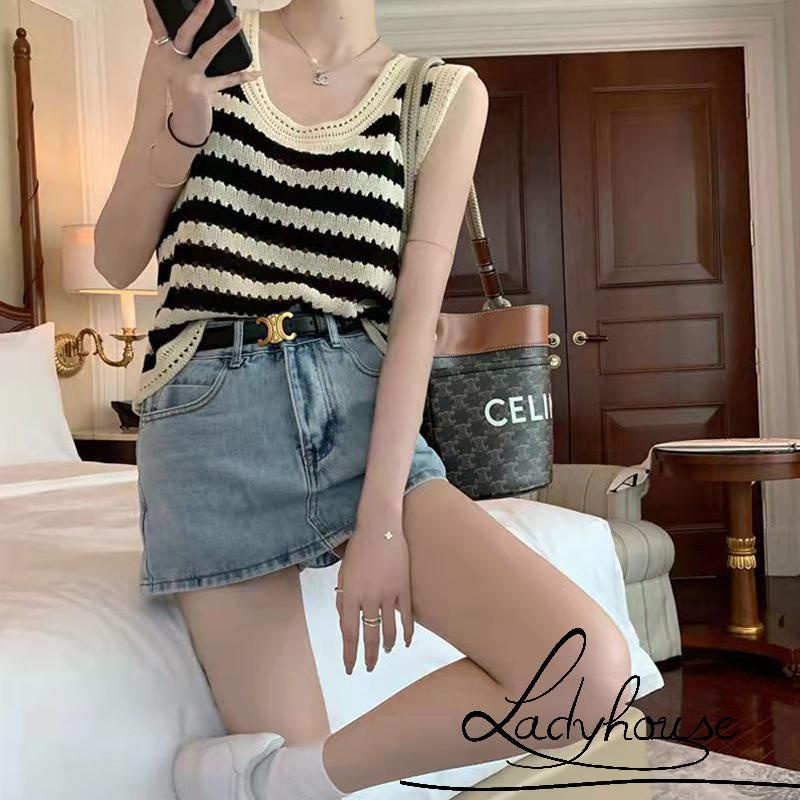 Áo Len Không Tay Họa Tiết Sọc Màu Sắc Tương Phản Thời Trang Cho Nữ