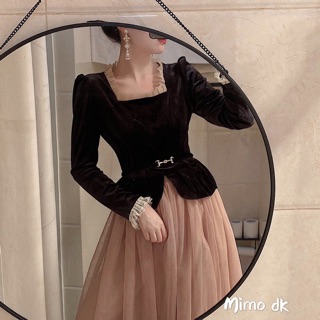 Váy Vintage Retro Nhung Voan Xoè Kiểu Pháp