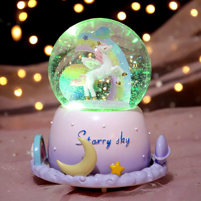 Cái mới┇Quả cầu pha lê Xoay Hộp âm nhạc Hộp nhạc Bông tuyết Cô gái Trái tim Kỳ lân Trẻ em Quà tặng sinh nhật Cô gái Cô g