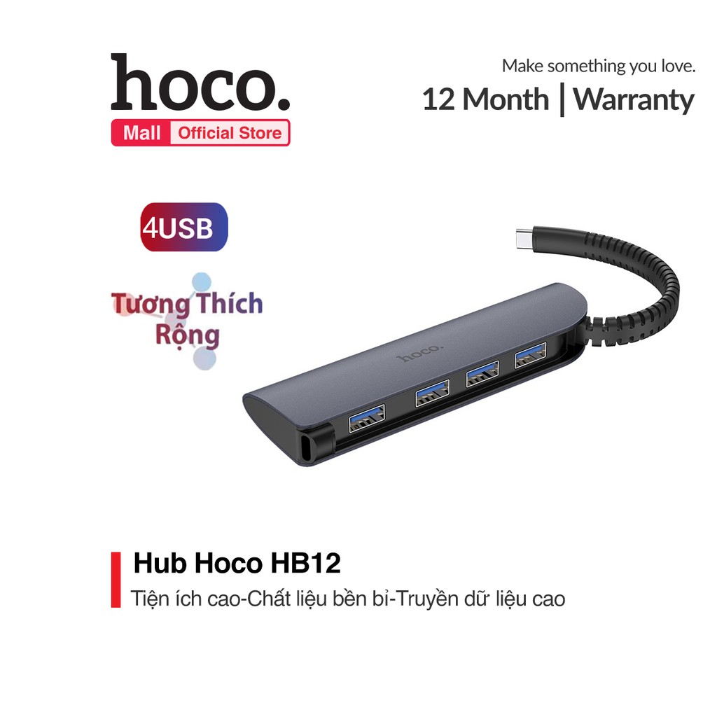 Hub chuyển đổi Hoco HB12 tích hợp cáp Type-C sang 4 cổng chuẩn USB3.0 cao cấp